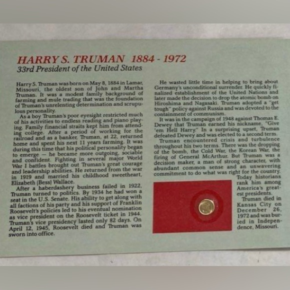 Harry S. Truman 14K Gold Piece 100th Birthday Commemorative - Picture 2 of 5